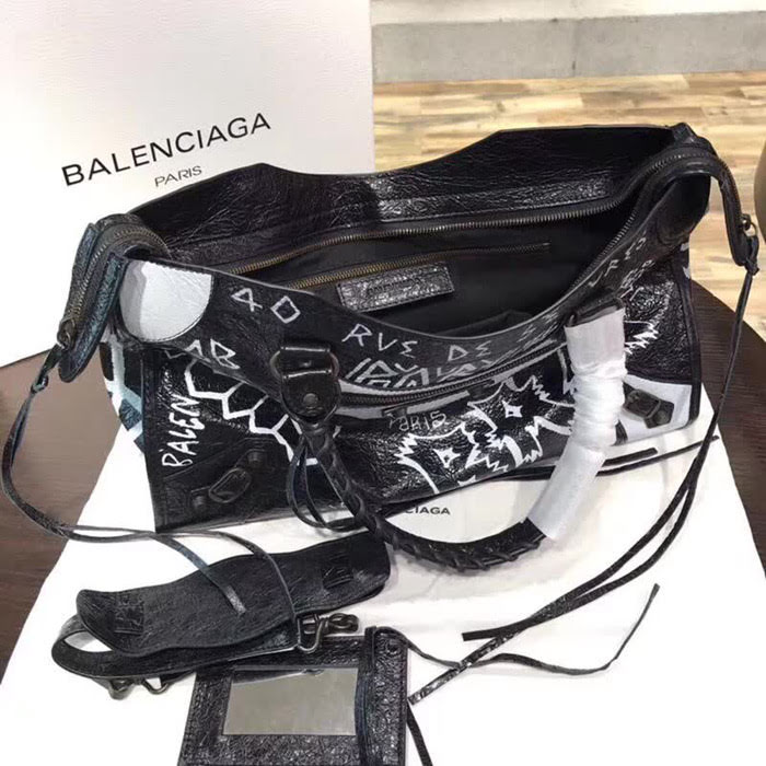 BALENCIAG巴黎世家 Balenciaga city 機車包 限量 原廠爆裂紋羊皮 塗鴉字母 手提肩背斜挎包  BL1699